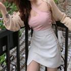 Plain Long-sleeve Shawl / Off-shoulder Crop Top