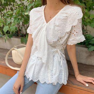 Ruffled Eyelet Lace Wrap Blouse Ivory - One Size
