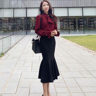 Set: Jabot Blouse + Midi Flared Pencil Skirt