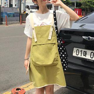 Dinosaur Embroidered Short Sleeve T-shirt / Plain Pocketed Pinafore Dress