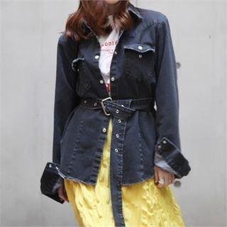 Padded Shoulder Denim Shirt With Belt
