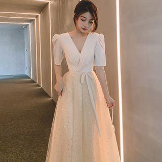 Puff-sleeve Mesh A-line Evening Gown
