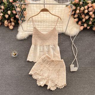 Set Of 2 : Pointelle-knit Suspender Top + Cutout Shorts Almond - One Size
