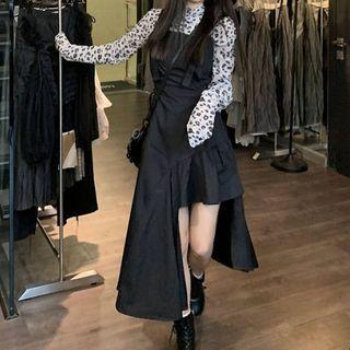 Long-sleeve Turtleneck Leopard Print Top / Asymmetrical A-line Overall Dress / Set