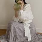 Long-sleeve Wrap Blouse / Floral Print Midi A-line Skirt