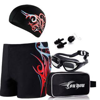 Set: Swim Shorts + Swim Cap + Swim Goggles + Ear Plugs + Nose Clip + Pouch