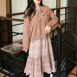 Print Chiffon A-line Dress With Sash / V-neck Sweater