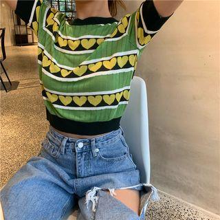 Heart Patterned Short-sleeve Knit Top As Figure - One Size