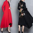 Long Floral Embroidered Open-front Coat