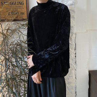 Mock-neck Long-sleeve Velvet T-shirt