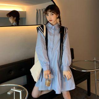 Long-sleeve Mini A-line Shirtdress / Contrast Trim Shawl