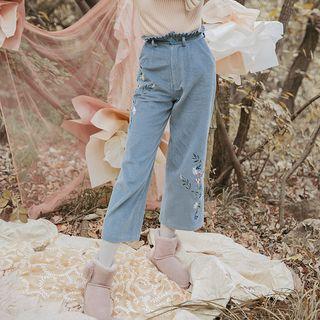 Embroidered Cropped Corduroy Wide-leg Pants