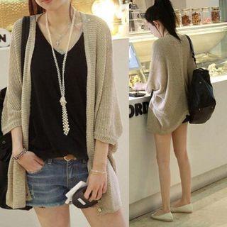 3/4-sleeve Plain Cardigan Beige - One Size