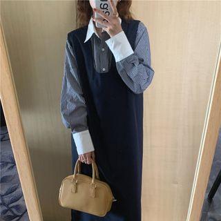 Long-sleeve Striped Shirt / Midi Overall Dress