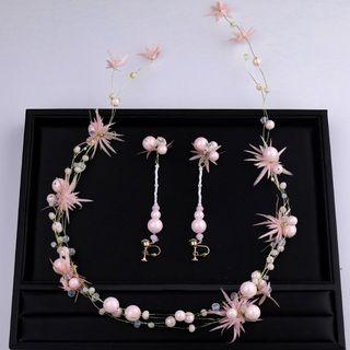 Wedding Set: Faux Pearl Flower Headpiece + Dangle Earring Pink - One Size