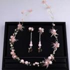 Wedding Set: Faux Pearl Flower Headpiece + Dangle Earring Pink - One Size