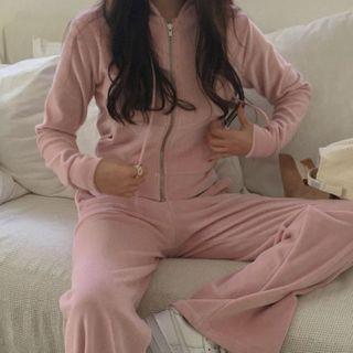 Long-sleeve Plain Zipped Hooded Jacket + High-waist Plain Pants