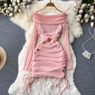 Off-shoulder Glitter Mesh Drawstring Ruched Long-sleeve Dress