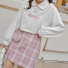 Letter Embroidered Collar Sweatshirt / Plaid Mini Pencil Skirt