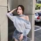 Asymmetric Shoulder Striped Shirt Stripe - One Size