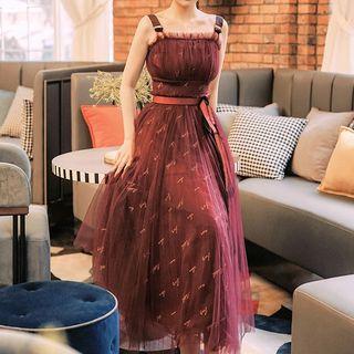 Embroidered Spaghetti Strap Mesh Maxi A-line Dress