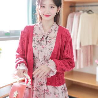 Colored V-neck Cable-knit Cardigan