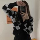 V-neck Argyle Cropped Cardigan Argyle - Black & Light Gray - One Size