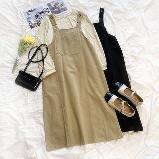 Set: Long-sleeve Plain Blouse + Plain Overall