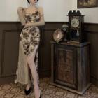 Long-sleeve Cold-shoulder Slit Midi Sheath Dress