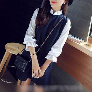 Mock Two Piece Stand Collar Long Sleeve Dress