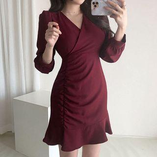 Plain V-neck Ruffled-trim Long-sleeve A-line Dress