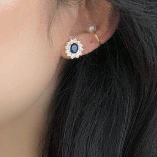 Set: Faux Crystal Earring + Faux Pearl Cuff Earring Set Of 2 - 0657a - Earring - Blue Rhinestone - Gold & Cuff Earring - Gold & Navy Blue - One Size