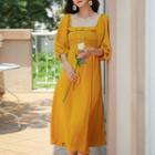 Elbow-sleeve Lace Up Midi A-line Dress