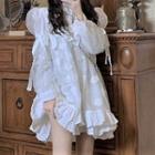 Long-sleeve Lettuce-edge Cropped Cardigan / Spaghetti-strap Plain Dress