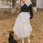 Set: Embroidered Collar Corduroy Shirt + Dotted Midi A-line Skirt