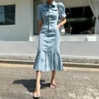 Open-back Denim Long Mermaid Dress Light Blue - One Size