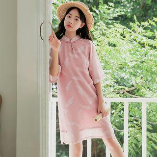 Patterned Elbow-sleeve Qipao Dress