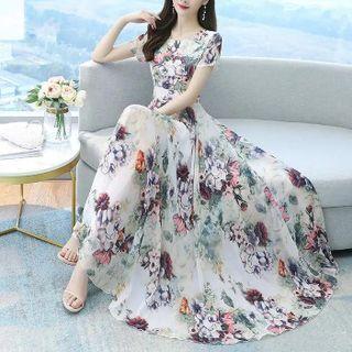 Short-sleeve Floral Print Chiffon Maxi Dress / Camisole