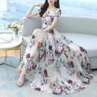 Short-sleeve Floral Print Chiffon Maxi Dress / Camisole