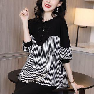 Striped Panel Henley Chiffon Blouse