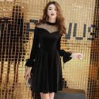 Mesh Yoke Long-sleeve A-line Velvet Cocktail Dress