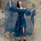 Cold-shoulder Ruffle Asymmetrical A-line Dress / Headpiece / Set