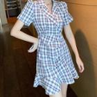 Plaid Short-sleeve Mini Collared A-line Dress