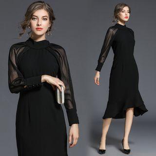 Mock-turtleneck Mesh Sleeve Ruffle Hem Sheath Dress