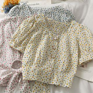 Ribbon-back Floral Crop Shirt