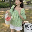 Short-sleeve Floral Chiffon Top Green - One Size