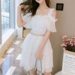 Short-sleeve Cold Shoulder Tiered Chiffon A-line Dress
