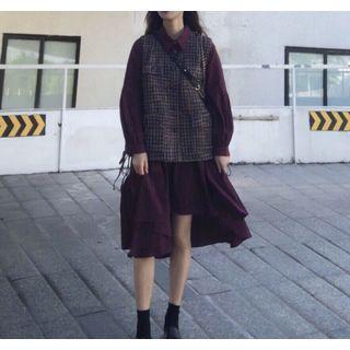 Tweed Vest / Irregular Hem Long-sleeve Shirtdress