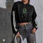 Long Sleeve Graphic Stripped Side Details Cropped Hoodie
