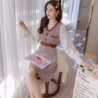 Puff-sleeve Paneled Houndstooth Knit Dress